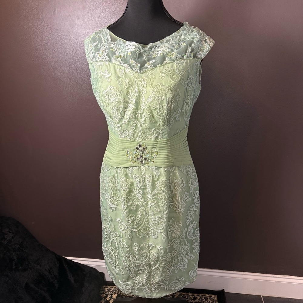 Sage Green Lace Cocktail Dress Beaded Waist Formal Wedding Guest Dress